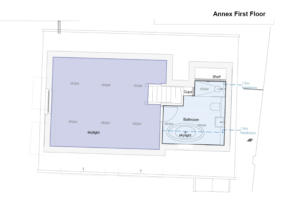 First floor layout plan of the Selsey Beach House annex illustrating a large open room with a skylight and a full bathroom.