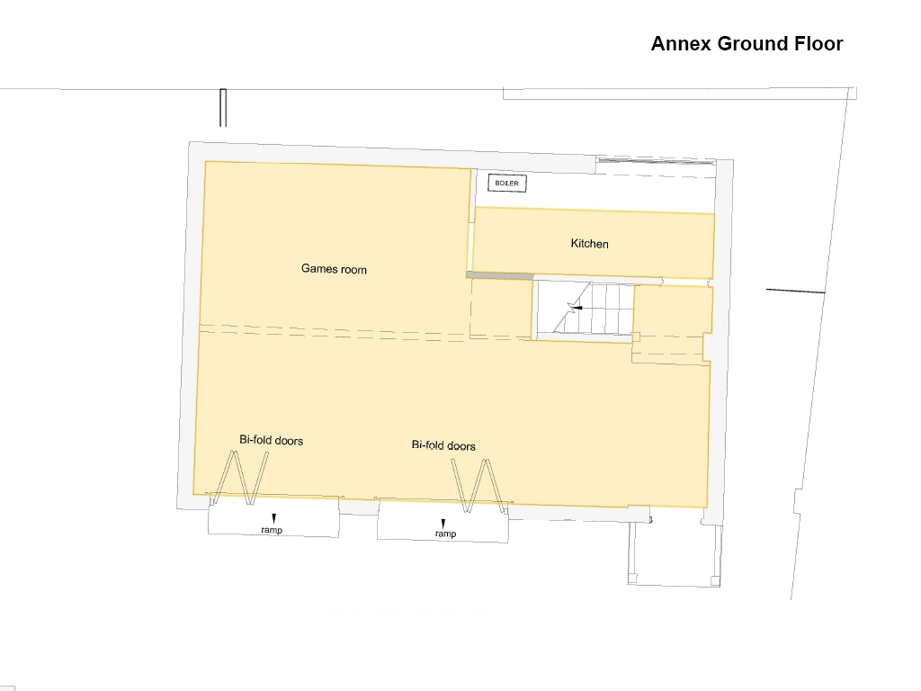 Ground floor layout plan of the Selsey Beach House annex illustrating the expansive games room, kitchen, and bi-fold doors.