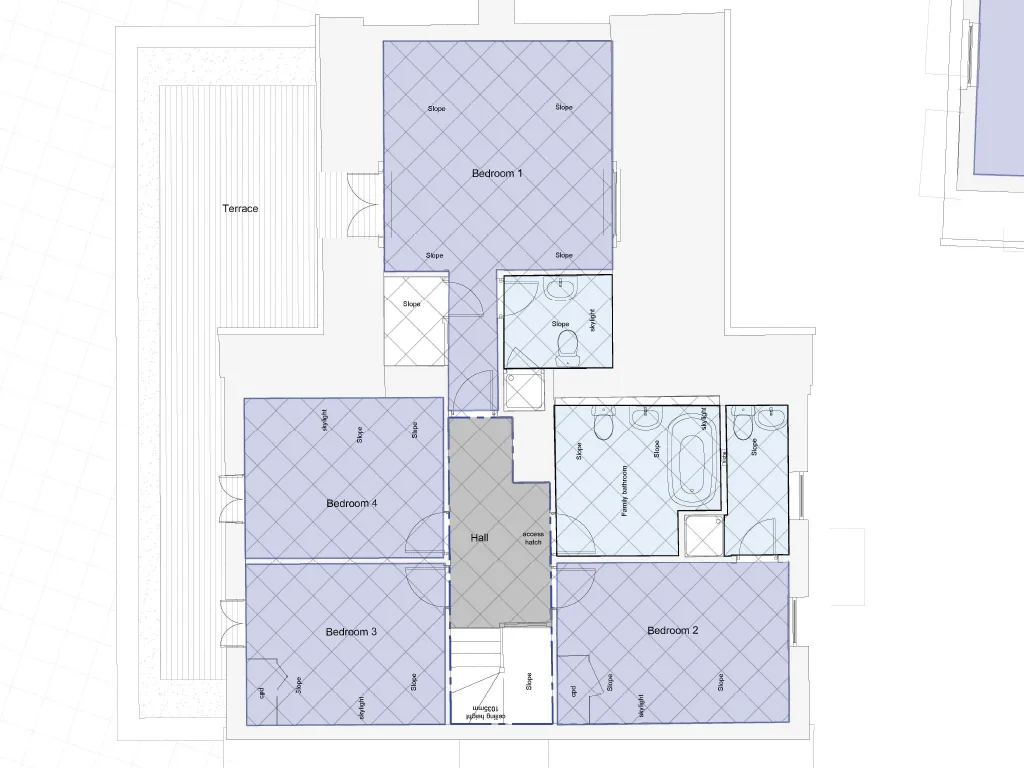 First floor layout plan of Selsey Beach House illustrating the arrangement of four bedrooms, multiple bathrooms, and a large outdoor terrace.