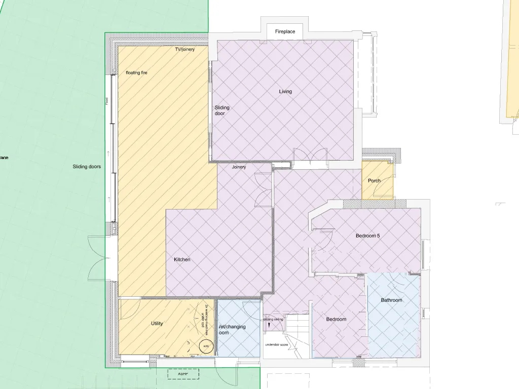 Ground floor layout plan of Selsey Beach House illustrating the arrangement of the open-plan kitchen, living areas, ground-floor bedrooms, and bathrooms.